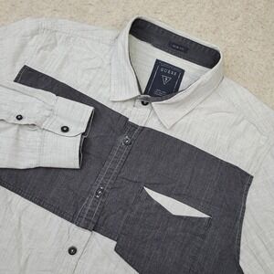 Guess Shirt Mens L Slim Fit Button Up Gray Colorblock Long Sleeve‎ Pocket Cotton
